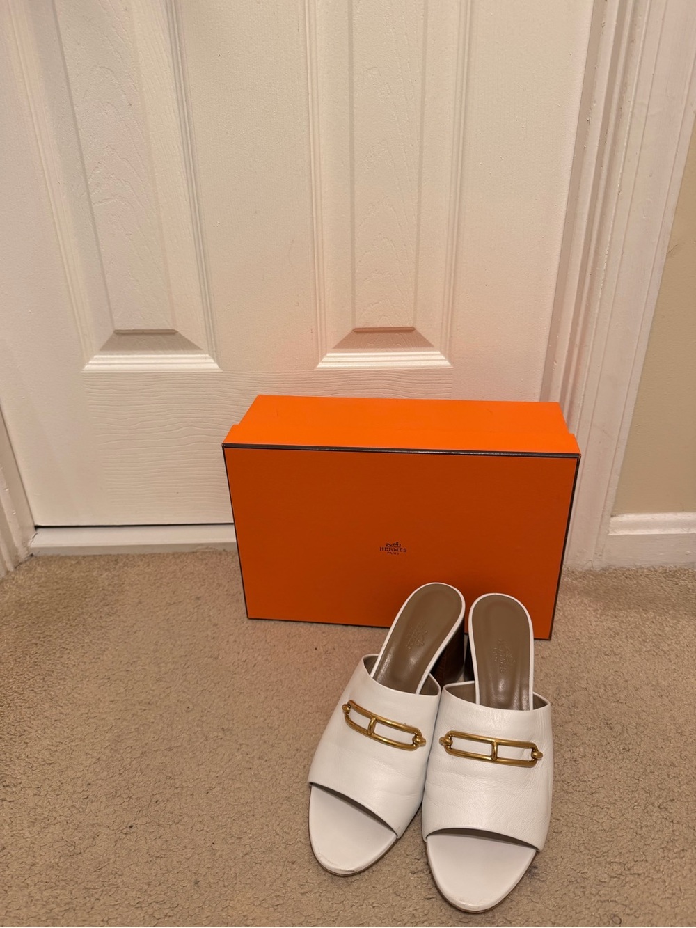 Hermes White Leather Slide Mules with Gold Buckle
